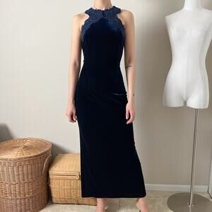 vintage 90s navy blue velvet lace high neck maxi gown dress jessica mcclintock